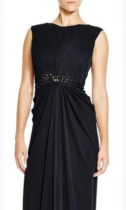 Adrianna Papell - 08G905560 Ruched Bateau Embellished Long Dress - 1 Pc INK In Size 12 Available