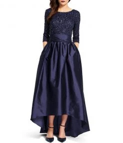 Adrianna Papell 091919630 Sequined High Low Bow Accent Gown - 1 Pc Navy In Size 8 Available