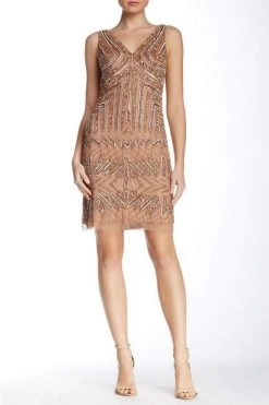 Cocktail Dresses Adrianna Papell - 41899240 Geometric Beaded V-Neck Sheath Dress