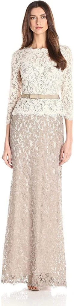 Adrianna Papell - 81907760 Quarter Sleeve Lace Gown - 1 Pc Ivory Taupe In Size 8 Available Mother Of The Bride