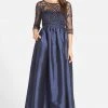 Adrianna Papell - 91912620 Quarter Sleeve Illusion Taffeta Gown - 1 Pc Navy In Size 10 Available