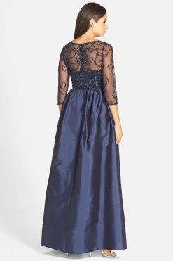 Adrianna Papell - 91912620 Quarter Sleeve Illusion Taffeta Gown - 1 Pc Navy In Size 10 Available