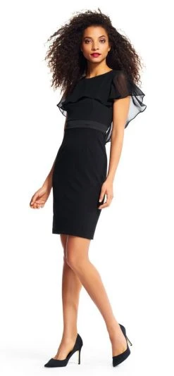 Adrianna Papell - AP1D100542 Sheer Ruffle Cape Little Black Dress Cocktail Dresses 12 Adrianna Papell - AP1D100542 Sheer Ruffle Cape Little Black Dress Cocktail Dresses