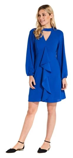 Adrianna Papell - AP1D103006 Ruffled Jewel Long Sleeves Cocktail Dress