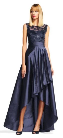 Adrianna Papell - AP1E200402 Lace Illusion Pleated High Low Dress - 1 Pc Navy In Size 14 Available Formal Gowns
