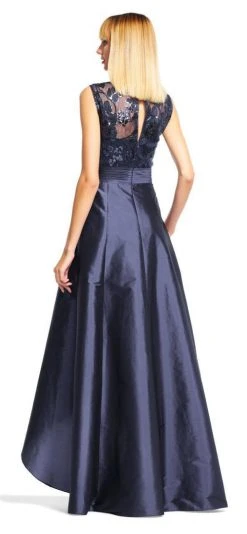 Adrianna Papell - AP1E200402 Lace Illusion Pleated High Low Dress - 1 Pc Navy In Size 14 Available Formal Gowns