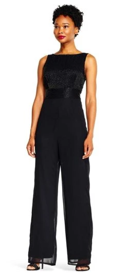 Plus Size Dresses Adrianna Papell - AP1E202207 Beaded Sleeveless Bateau Jumpsuit