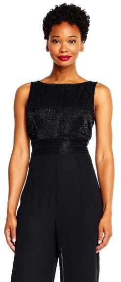 Plus Size Dresses Adrianna Papell - AP1E202207 Beaded Sleeveless Bateau Jumpsuit