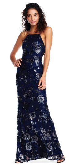 Formal Gowns Adrianna Papell - AP1E202991 Floral Sequined Halter Sheath Dress