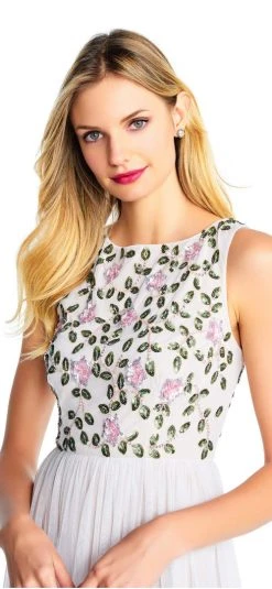 Adrianna Papell - AP1E203409 Bedazzled Bateau Mesh A-line Dress Formal Gowns