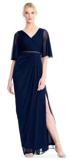 Adrianna Papell - AP1E203824 Crystal Beaded Pleated Vneck Sheath Dress Formal Gowns