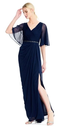 Adrianna Papell - AP1E203824 Crystal Beaded Pleated Vneck Sheath Dress Formal Gowns
