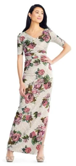 Adrianna Papell - AP1E204019 Floral Jacquard Dress With Slit