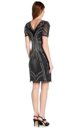 Adrianna Papell - AP1E205816 Short Sleeve Bead-Fringed Sheath Dress