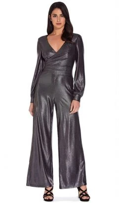 Plus Size Dresses Adrianna Papell - AP1E206841 V-Neck Metallic Jersey Jumpsuit