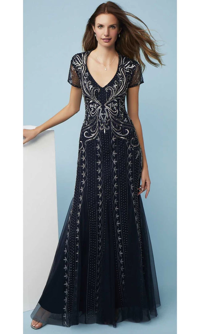 Formal Gowns Adrianna Papell - AP1E207147 Short Sleeve V Neck Beaded Mesh Gown 3 Formal Gowns Adrianna Papell - AP1E207147 Short Sleeve V Neck Beaded Mesh Gown