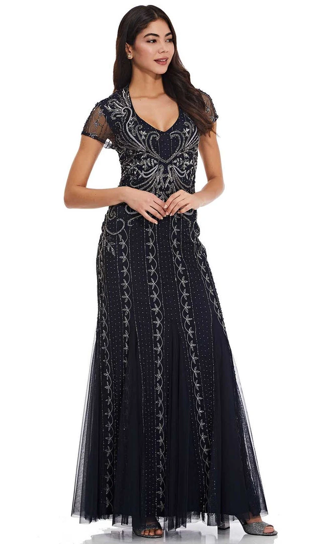 Formal Gowns Adrianna Papell - AP1E207147 Short Sleeve V Neck Beaded Mesh Gown 5 Formal Gowns Adrianna Papell - AP1E207147 Short Sleeve V Neck Beaded Mesh Gown