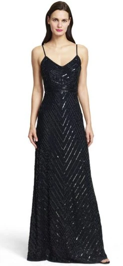 Adrianna Papell - Fine Strap Fully Beaded V-Neck Gown 91905320 Long Dresses