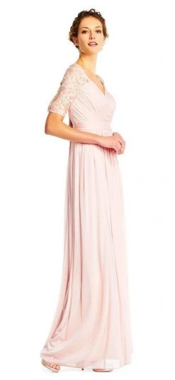Adrianna Papell - Half Sleeve Pin-Tucked Bodice Long Gown AP1E201417 - 1 Pc Blush In Size 12 Available Formal Gowns