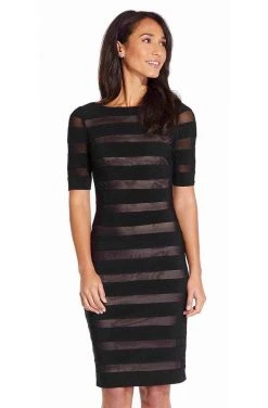 Plus Size Dresses Adrianna Papell - Half Sleeve Stripe Jersey Sheath Dress AP1D103321 - 1 Pc Black Pale Pink In Size 18 Available