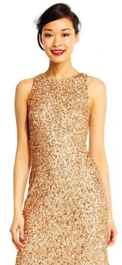 Formal Gowns Adrianna Papell - High Low Sequin Beaded Sleeveless Gown AP1E201754 - 1 Pc Champagne Gold In Size 16 Available