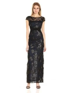 Adrianna Papell - Illusion Cap Sleeve Sequined Floral Gown AP1E200799 - 1 Pc Black Navy In Size 10 Available Formal Gowns