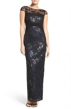 Adrianna Papell - Illusion Cap Sleeve Sequined Floral Gown AP1E200799 - 1 Pc Black Navy In Size 10 Available Formal Gowns