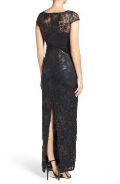 Adrianna Papell - Illusion Cap Sleeve Sequined Floral Gown AP1E200799 - 1 Pc Black Navy In Size 10 Available Formal Gowns