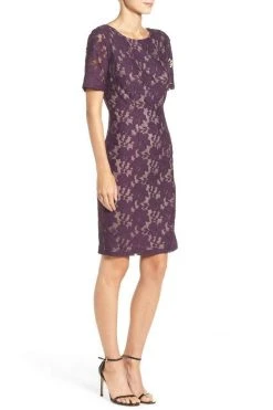 Adrianna Papell - Lace Bateau Sheath Dress AP1D100772 - 1 Pc Plum Wine In Size 8 Available