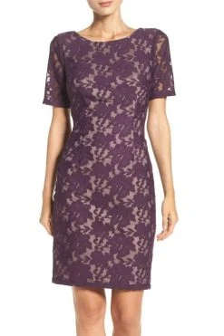 Adrianna Papell - Lace Bateau Sheath Dress AP1D100772 - 1 Pc Plum Wine In Size 8 Available