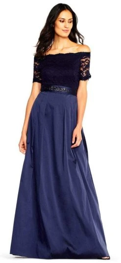 Formal Gowns Adrianna Papell - Off-Shoulder Taffeta A-line Gown AP1E201965 - 1 Pc Navy In Size 16 Available