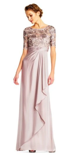 Adrianna Papell - Short Sleeves Draped Satin Dress AP1E201568 - 1 Pc Light Mink In Size 6 Available