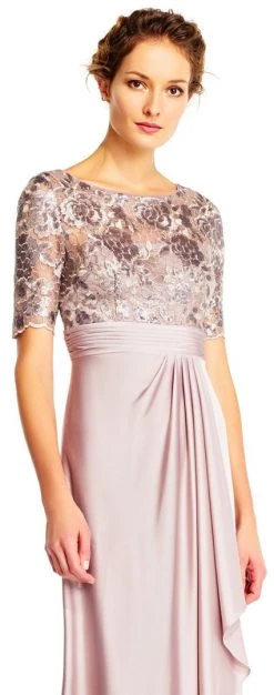 Adrianna Papell - Short Sleeves Draped Satin Dress AP1E201568 - 1 Pc Light Mink In Size 6 Available