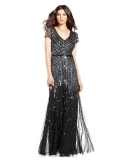 Adrianna Papell - V-Neckline Sequined Mesh Long Dress 62868950 Formal Gowns