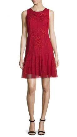 Cocktail Dresses Aidan Mattox - 54473380 Embroidered Mesh Sleeveless Drop Waist Short Dress - 1 Pc Garnet In Sizes 8 Available