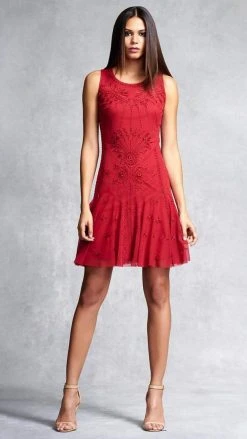 Cocktail Dresses Aidan Mattox - 54473380 Embroidered Mesh Sleeveless Drop Waist Short Dress - 1 Pc Garnet In Sizes 8 Available