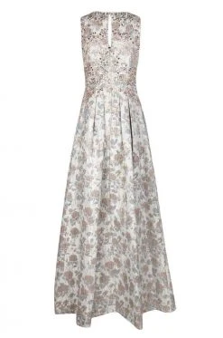 Aidan Mattox - Bedazzled Jewel Brocade Pleated Evening Gown MD1E201399 - 1 Pc Silver Grey In Size 0 Available Formal Gowns