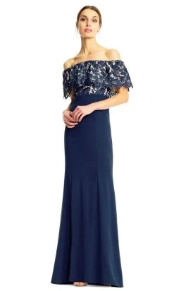 Aidan Mattox - Floral Lace Off-Shoulder Sheath Dress MN1E202072 - 1 Pc Navy In Size 2 Available Formal Gowns