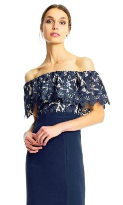 Aidan Mattox - Floral Lace Off-Shoulder Sheath Dress MN1E202072 - 1 Pc Navy In Size 2 Available Formal Gowns