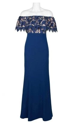 Aidan Mattox - Floral Lace Off-Shoulder Sheath Dress MN1E202072 - 1 Pc Navy In Size 2 Available Formal Gowns