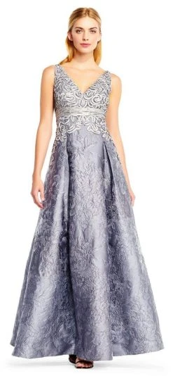 Aidan Mattox MD1E201384 Floral Jacquard Brocade Embroidery Ballgown - 1 Pc Silver In Size 10 Available