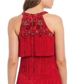 Aidan Mattox - MD1E202713 Embellished Halter Tiered Tassel Dress Cocktail Dresses 12 Aidan Mattox - MD1E202713 Embellished Halter Tiered Tassel Dress Cocktail Dresses