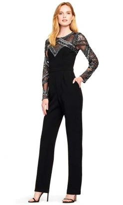 Long Dresses Aidan Mattox - MD1E204888 Bedazzled Long Sleeves Jewel Neck Jumpsuit