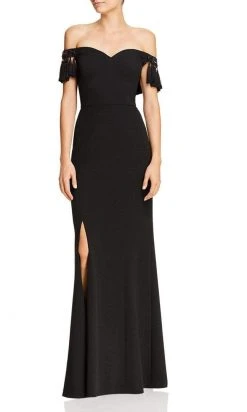 Formal Gowns Aidan Mattox - Off-Shoulder Tassel Sleeves Evening Gown MD1E203104 - 1 Pc Black In Size 14 Available