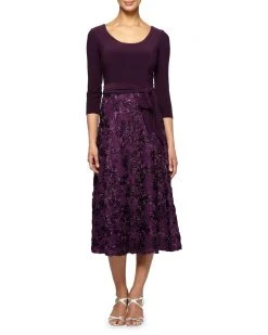 Alex Evenings - 1121875 Quarter Sleeve Jersey Lace Tea Length Dress