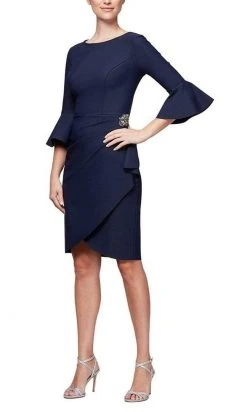 Alex Evenings - 134183 Quarter Bell Sleeve Faux Wrap Fitted Short Dress - 1 Pc Navy In Size 14 Available Cocktail Dresses
