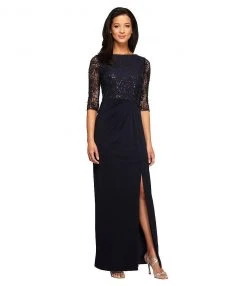 Formal Gowns Alex Evenings - 2121457 Sequined Lace Bateau Evening Dress In Deep Navy