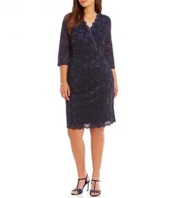 Alex Evenings - 4121805 Scalloped V Neck Lace Cocktail Dress 1 Pc Midnight In Size 16W Available