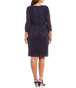 Alex Evenings - 4121805 Scalloped V Neck Lace Cocktail Dress 1 Pc Midnight In Size 16W Available