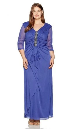 Alex Evenings - 432858 Front Ruched Embellished Quarter Length Sleeve Dress - 1 Pc. Iris In Size 16W Available
